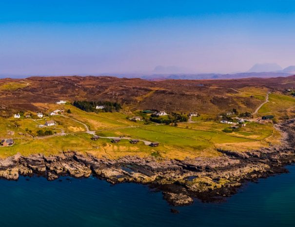 Aerial view of Port Beag Self-Catering Chalets, Altandhu near Achiltibuie