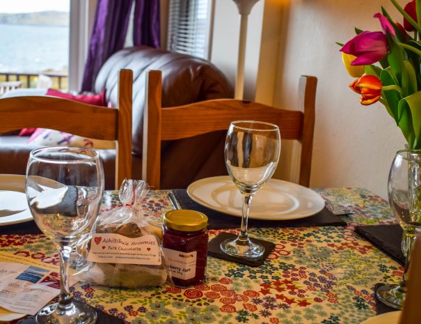 The kitchen & lounge in our Rowan 2 bedroom chalet at Port Beag Chalets, Altandhu